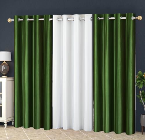 Image of Eyelet Polyester Modern Solid Crush Set of 3 Pcs. Door Curtains (7 Feet, 2 Dark Green + 1 White)