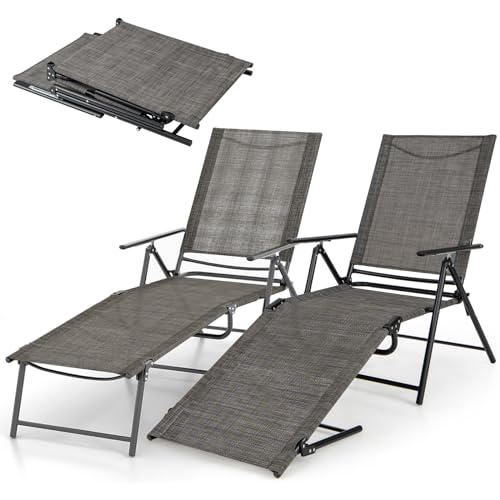 Outdoor Set Of 2 - Tanning Chair With 6 Adjustable Backrest, 2-level Footrest, Folding Sunbathing Lounger For Patio, Poolside, Yard, Chaise Lounge Chair, Beach Chair (brown)