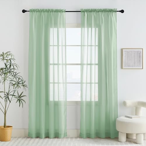 PONY DANCE Sage Green Voile Curtains 60x84 inches - Bedroom/Living Room Window Net Curtains Semi Transparent Voile Sheer Panels Slot Top for Living Room Divider/Nursery Decoration, 2 Panels