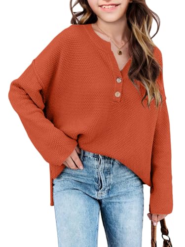 Girls Winter Sweaters 2026 Fashion Teen Tops Henley Kids V Neck Long Sleeve Loose Shirts Fall Warm Clothes Orange