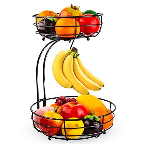 Auledio Iron 2-Tier Countertop Fruit Vegetables Basket Bowl Storage With Banana Hanger, Black, 64 Ounces #TOP1