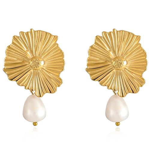 Gold Flower Statement Earrings for Women Chunky Sculptural Flower Pearl Stud Elegant Dangle Earrings 18K Gold Plated Trendy Fashion Jewelry Gifts - Main Image