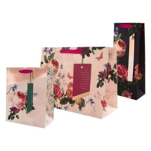 Hallmark Gift Bags, Pink Floral, Medium, Large, Bottle Sizes, 3-Pack