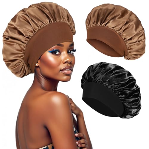 PAEFIU Gorro de seda para dormir, gorro de seda elástico de satén, gorro de pelo para la noche, gorro de dormir suave para mujer, Black Champagne, Durchmesser: ca. 31 cm