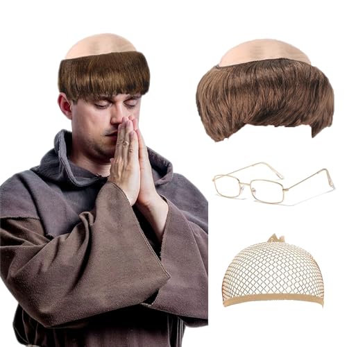 FOUNSHO Perruque Marron Bonnet Chauve en Latex, Hommes Perruque Moine Casquette Chauve Lunettes, Années 90Prêtre Déguisement Accessoires Fête Adultes Vieux Papi Cosplay Carnaval Halloween (Marron)