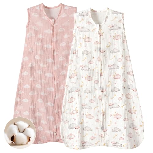 Image of PHF Soft Muslin Cotton Baby Sleep Sack 6-12 Months, 2 Pack 100% Cotton Sleeping Sack for Summer, 0.5 TOG Baby Wearable Blankets with 2-Way Zipper, Sleep Sacks for Girls Newborn, Pink Clouds