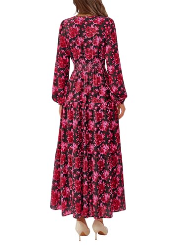PRETTYGARDEN Long Sleeve Maxi Fall Dresses for Women 2025 Vneck Smocked Boho Floral Tiered Swing Flowy Wedding Guest Dress4