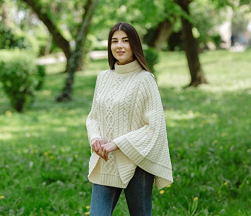Image of SAOL 100% Merino Wool Cable Knit Ladies Irish Aran Poncho Cardigan