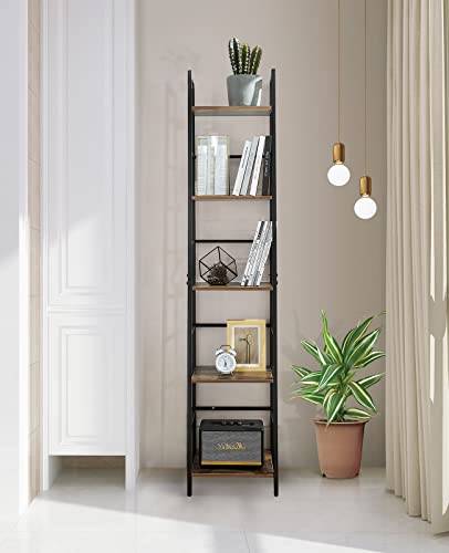 Pshelfy Bookshelf, 5-Tier Narrow Ladder Shelf Bookcase With Metal Frame, Freestanding Corner Rack Shelves For Small Spaces Display Storage Organizer Tall Skinny Shelf For Bedroom Living Room Kitchen #TOP6