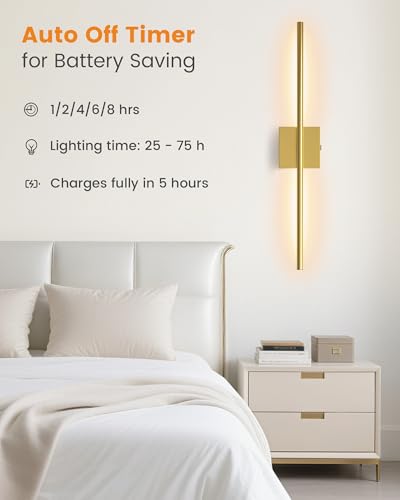 Image of VOLISUN Battery Operated Wall Sconces Set of Two, Rechargeable Wall Sconces with Remote, 3000K-6500K Dimmable Battery Wall Sconce Decor, 27.6'' Wireless Wall Lights for Bedroom, Living Room(Gold)