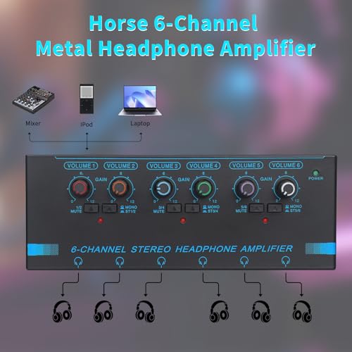 image for Horse Headphone Amp Amplifier, 6-Channel Metal Stereo Audio Amplifier,