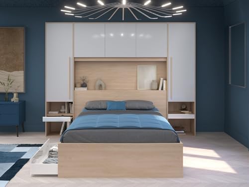 Vente-unique-Bett mit Stauraum + Lattenrost + Matratze - 140 x 190 cm - Mit LED-Beleuchtung - Holzfarben & glänzend weiß - VELONA – Bild 6