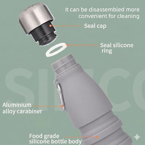 Image of ZENOVIA Collapsible Silicone Water Bottle with Clip, Grey | Foldable, Leakproof, BPA-Free, Portable Reusable, For Gym, Hiking, Camping, Office & Kids