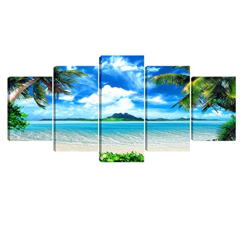 Pyradecor Modern 5 Piece Canvas Prints Artwork Contemporary Landscape Blue Sea Beach Pictures Paintings on Canvas Wall Art for Living Room Home Decorations Extra Large