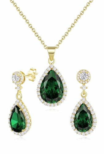 Reasayll Women Jewelry Set Silver/Gold Plated 925 Sterling Silver Post Teardrop Dangle Earrings Necklace Set Crystal Rhinestone Wedding Prom Costume Jewelry For Women Yellow Gold Plated Emerald Green cover