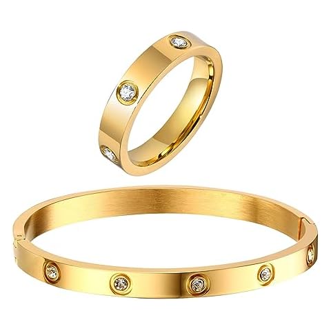 18K Gold Plated Bracelet and Ring Jewelry Set with Cubic Zirconia - Wedding, Party Gift for Her Cover