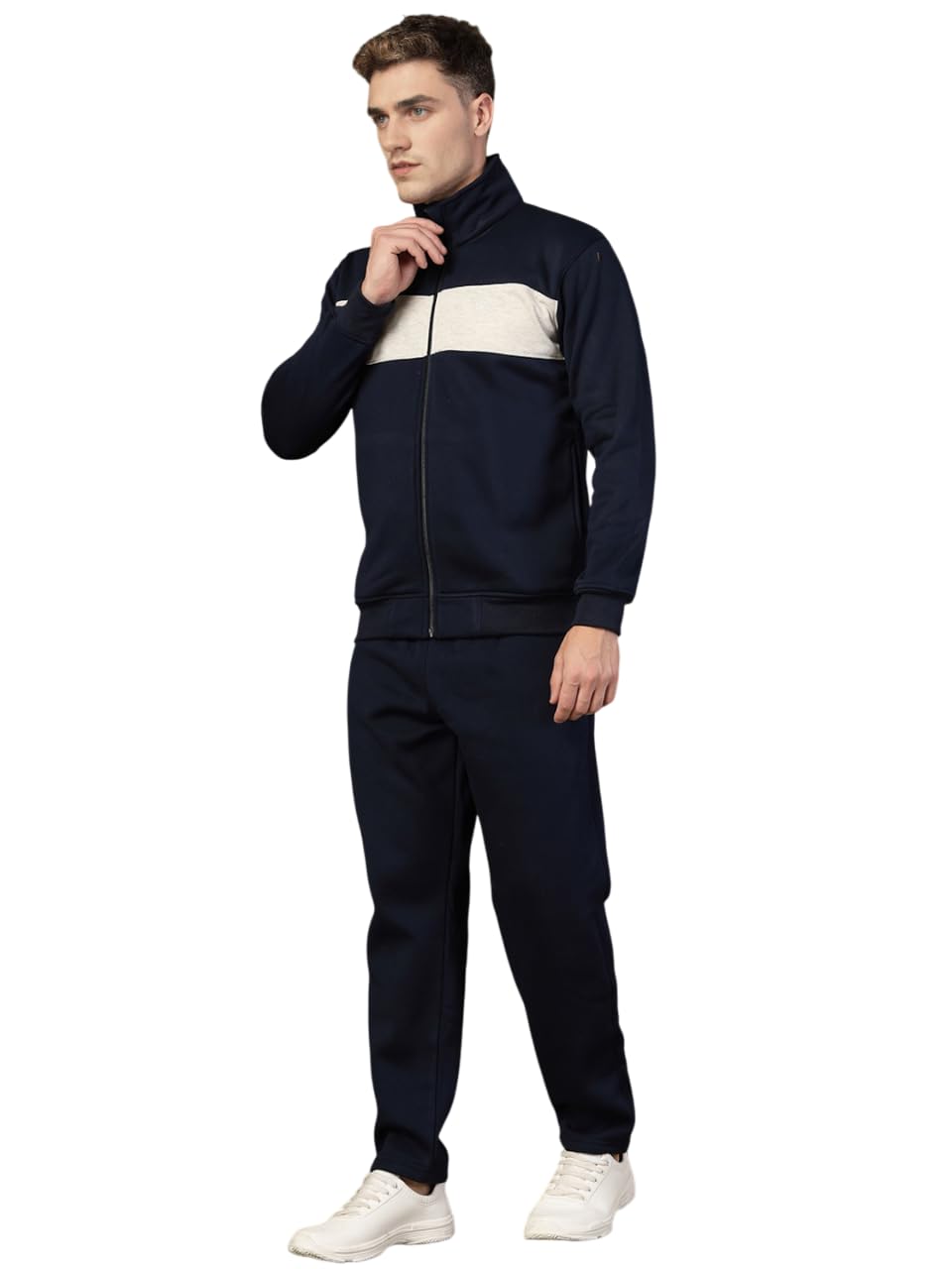 chkokko Mens High Neck Winter Tracksuit Full Zip Jacket with Elastic Waist Lower Warm and Soft Activewear Set for Gym Running and Casual Use NavyEcru 2XL-picture-24