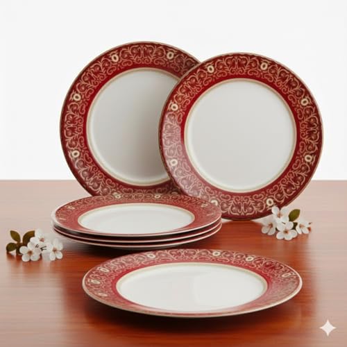 Image of Melamine Quarter Plates | Round Half Plate | Microwave Safe | Break Resistant | Plates for Snacks, Lunch, Dinner | Plates for Home, Office, Restaurant | Set of 6 | 7 Inch's (RED Diamond)