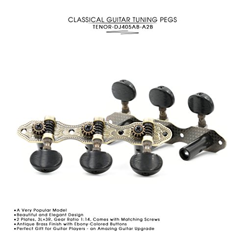 DJ405AB-A2B TENOR Classical Guitar Tuners, Tuning Key Pegs/Machine Heads for Classical or Flamenco Guitar with Antique Brass Finish and Ebony Colored Buttons.