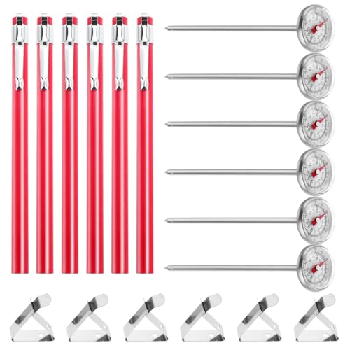 MOOTVGOO 6 Pack Immediate Read Pocket Thermometer, 1 Inch Stainless Steel Dial Food Thermometer with 6 PCS Red Plastic Sleeves of Thermometers and 6 PCS Clips for Coffee Drinks Chocolate Milk Foam