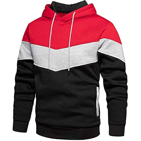 Wielsscca Mens Hoodies Pullover Color Block Fleece Sweatshirt Tops with Pocket Red L Cover