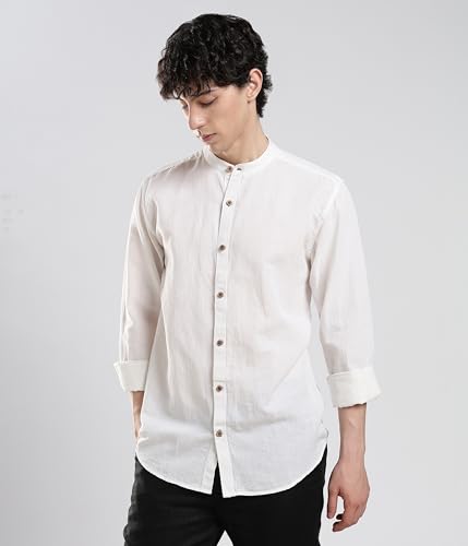 Image of TURMS Men's Casual Solid Linen Shirt | Water Repellent | Anti Stain Anti Odor | Kansas Linen | Mandarin Collar | Full Sleeves
