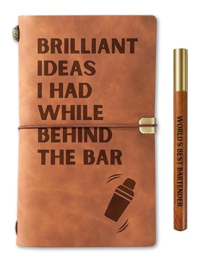 InnoBeta Bartender Gifts for Women Men, Cool Journal Pen Set for Mixologists on Birthday, Christmas, Unique Notebook, Sketchbook, Travel Diary, Lined Planner, 7.8x5 Inches, Brown