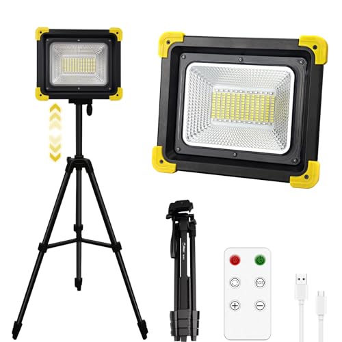 12000mAh Rechargeable LED Work Light with Stand, Battery Powered Portable Flood Light, Magnetic Base & Remote, Cordless with Hanging Hook, Outdoor Light Stand for Workshop Camping Garage Construction