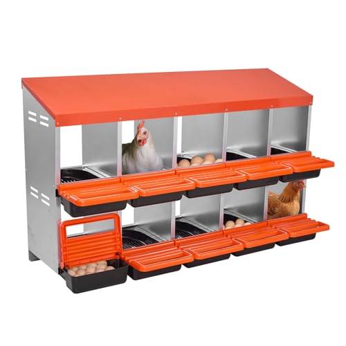 VEVOR Caja Nido para Gallinas 10 Compartimentos, 1320 x 525 x 790 mm, Ponederos para Gallinas de Metal con Nidos Inclinados, Plataforma de Descanso Apto para Diferentes Razas de Patos