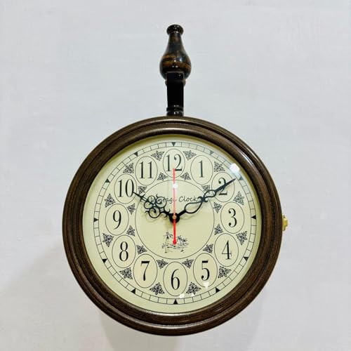 Image of S.N. Enterprises. Double-Sided Wall Clock | 12 Inch Roman Numeral Hanging Station Clock with Wooden Bracket | Antique Home & Cafe Decor