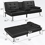 Flamaker Futon Sofa Bed Modern Folding Futon Set Convertible Recliner Lounge for Living Room with 2 Cup Holders, Removable Armrests (PU Leather, Black) - Image 3
