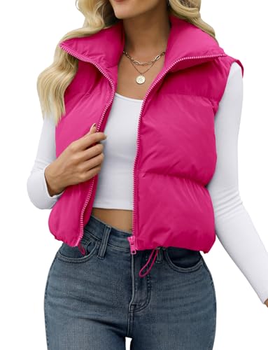 JZC Women's Stand Up Collar Solid Color Crop Puffer Jacket Vest Warm Outerwear Padded Gilet Hot Pink Medium
