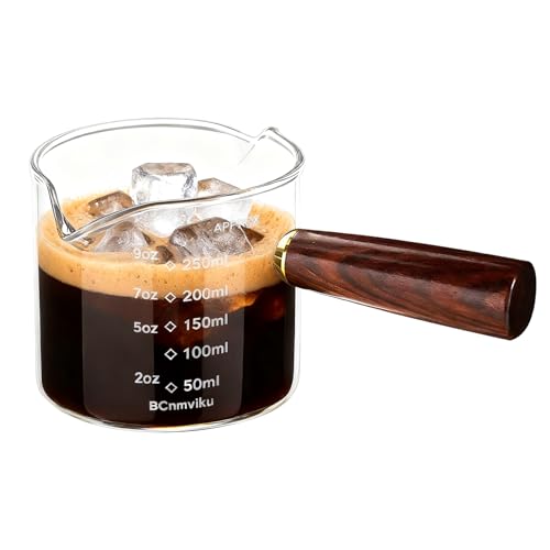 NLnnmuzh 250ml Espresso Shot Glass with Wooden Handle, V-Shaped Spout Espresso Cups with Dual Scale (ml/oz), Espresso Glass for Coffee, Milk, Juice, Liquid