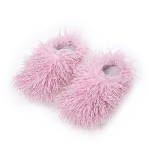 Image of Unisex Fuzzy Faux Fur Slippers, Women's Fluffy Long Hair Sheep Faux Fur Slip on Slides, Girls Luxury Big Fluffy Outdoor Flat Slippers, Long Curly Hair Non-Slip Warm Home Slide Shoes