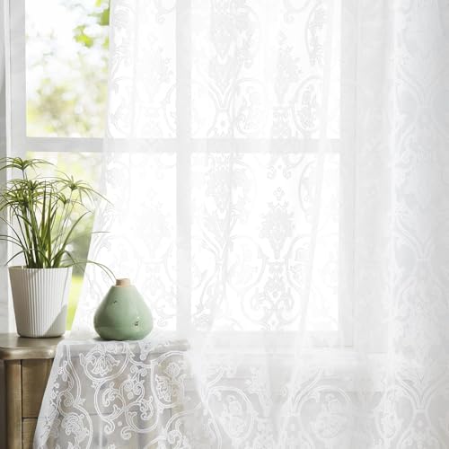 Image of Treatmentex Damask Lace Sheer Curtains White Vintage Light Filtering Curtains for Bedroom, Elegant Victorian Floral Lace Sheer Curtains 54 x 63 Inch, 2 Panels