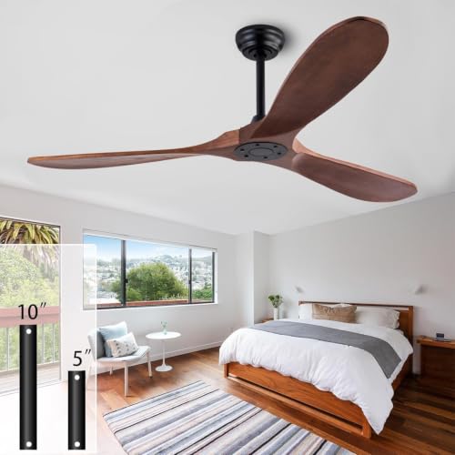 Image of QUTWOB 60 inch Wood Ceiling Fan, Black+Dark Walnut | No Lights, Remote Control, 3 Wooden Blades, Indoor /Outdoor