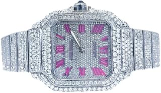 BENIYAZ LAB Iced Out Moissanite Watch, Square Case, Diamond-Set Dial with Pink Roman Numerals, Silver-Tone Bracelet