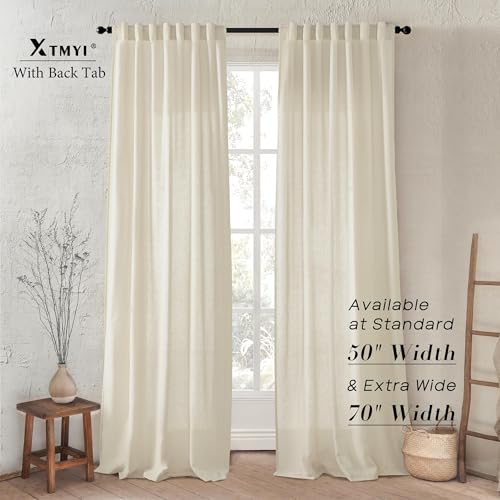Image of XTMYI Beige 100 Inches Long Country Curtains for Living Room,Sheer Linen Shabby Chic Curtains for Bedroom,50 Inches Wide