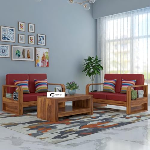 Image of Solid Sheesham Wooden 4 Seater Sofa Set for Living Room | Sofa Set with Side Pocket Storage & Cushion | Rosewood Sofa Set for Home (Honey with Red Cushion, 4 Seater)
