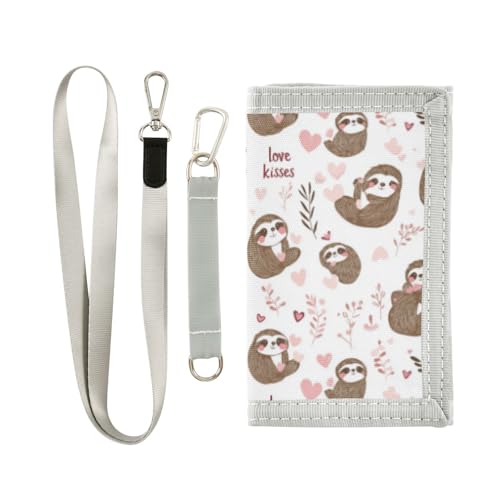 Wusikd Cute Sloth Kids Wallet for Boys Girls Pink Hearts Toddler Trifold Wallet Novelty Wallet for Teens Women Men