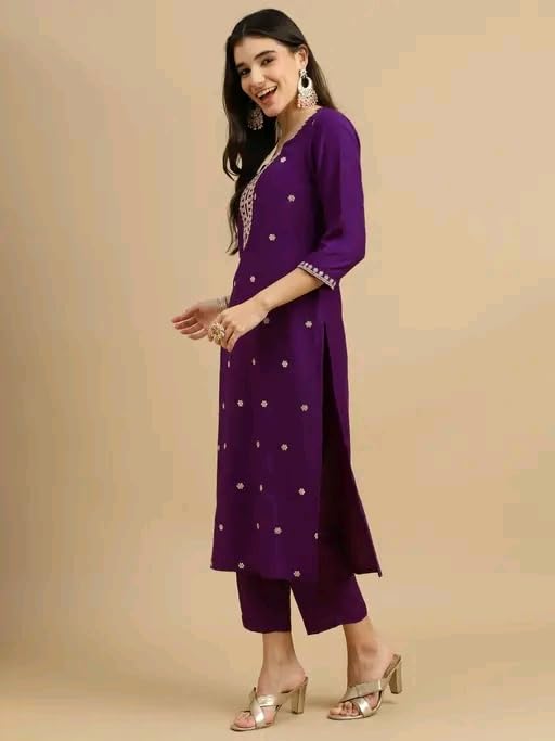 Image of Women's Embroidered Straight Kurta Set with Pant and Floral Silk Dupatta