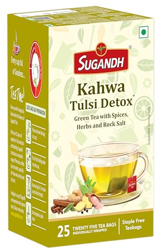 Image of Sugandh Kahwa Tulsi Detox Green Tea | With Ginger, Spices, Herbs & Rock Salt | Refreshing & Aromatic Wellness Blend | 100% Natural Ingredients | 25 Bags x 2.5g