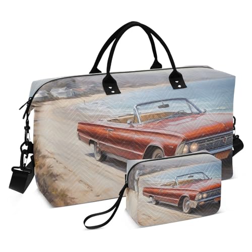 Large Travel Duffel Bag, Retro Car Sports Tote Gym Bag, Shoulder Weekender Overnight Bag for Women Men, Carry On Luggage with Toiletry Bags