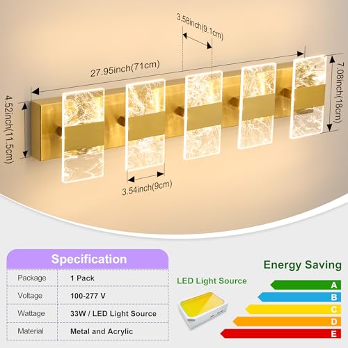 Image of Modern LED Bathroom Light Fixtures Dimmable 5-Light Gold Vanity Light