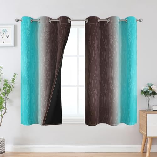 Estelar Textiler Brown and Teal Ombre Blackout Curtains 45 Inch Length 2 Panels, Full Room Darkening Gradient Drapes for Kitchen, Thermal Insulated Grommet Short Curtains for Bathroom, 42Wx45L