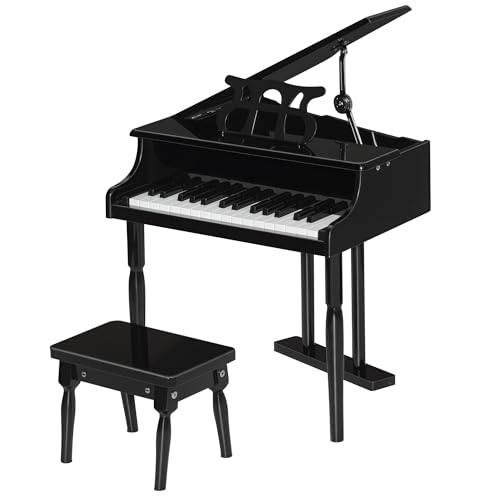 HOMCOM Piano de Cola Infantil de Madera con 30 Teclas Taburete y Atril de Partituras Piano para Niños Instrumento Musical Didáctico 52x50x49 cm Negro