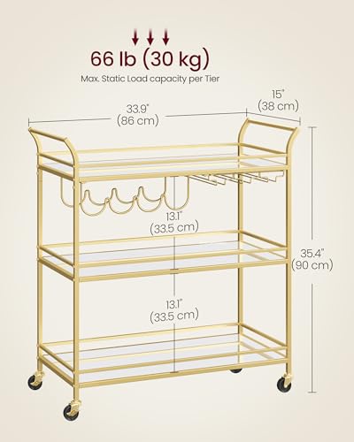 Image of VASAGLE Bar Cart Gold, Large Home Bar Serving Cart with 3-Tier