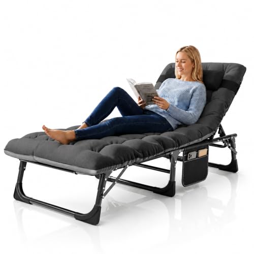 Image of ABORON Patio Lounge Chair, Adjustable Folding Chaise Chair, Max 450LB Load | 5-Gear Adjustable, Zero-Assemble, 75in Length, With Cotton Pad, Side Pocket, for Home, Garden, Beach, Office, Camping