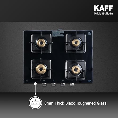 Image of KAFF 4 Burner Gas Stove | 63 cm Toughened Glass Cooktop | High Efficiency Brass Burners | Cast Iron Pan Support | Stainless Steel Drip Tray | Metal Knobs | Black | CTJ634B