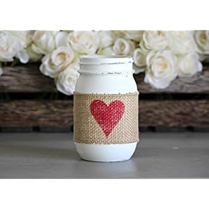 Painted White Mason Jar Red Heart | Wedding Table Centerpiece | Burlap Barn Rustic Theme Decor | Valentine Day Gift Painted White Mason Jar Red Heart Wedding Table Centerpiece Burlap Barn Rustic Theme Decor Valentine Day Gift